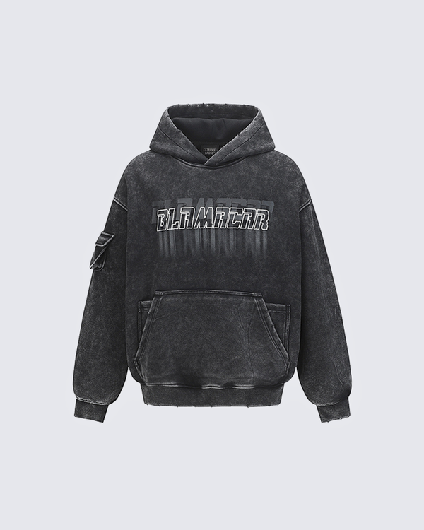 Washed Letter Print Hoodie with Utility Pocket
