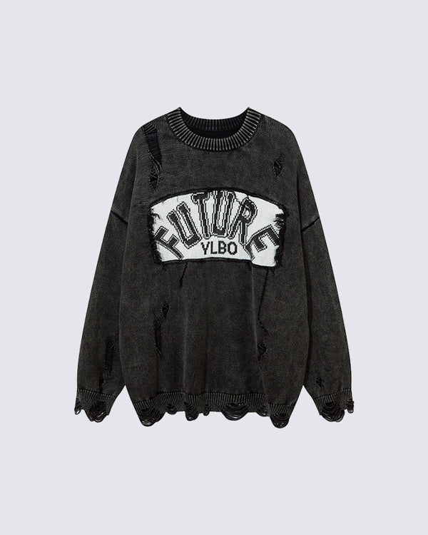 Color-Block Patch Distressed Letter Crewneck Sweater