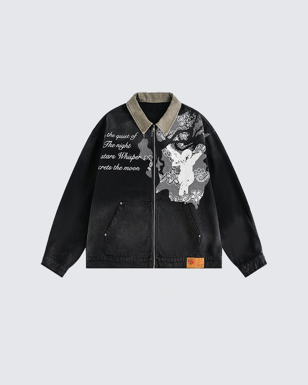 Angel Graphic Embroidered Vintage Washed Jacket