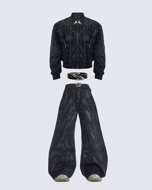 3D Seam Carved Denim Set with Belt