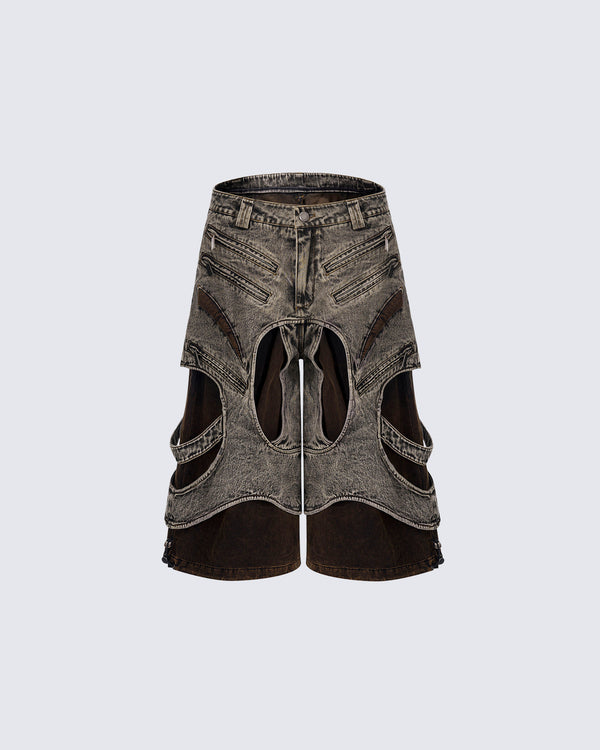 Layered Design Vintage Patchwork Denim Shorts