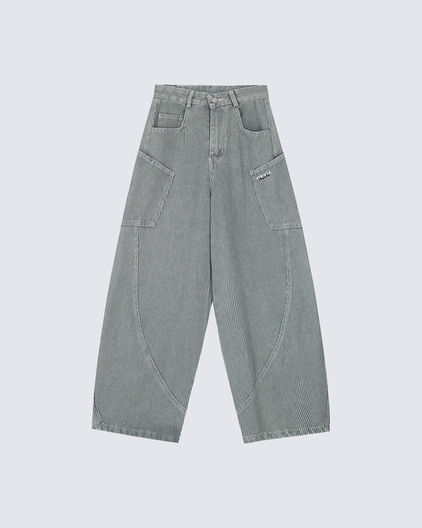 Retro Striped Curved-Leg Denim Pants