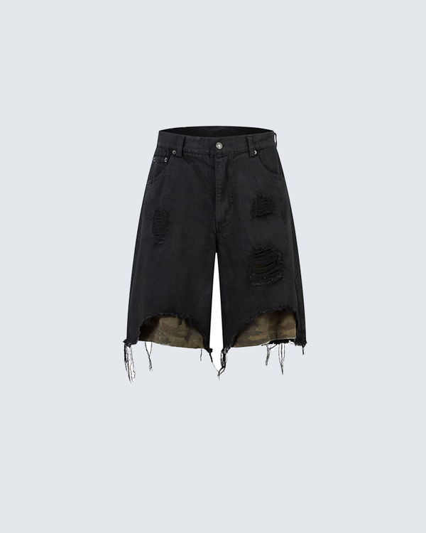 Distressed Black Denim Shorts with Camouflage Inner Layer