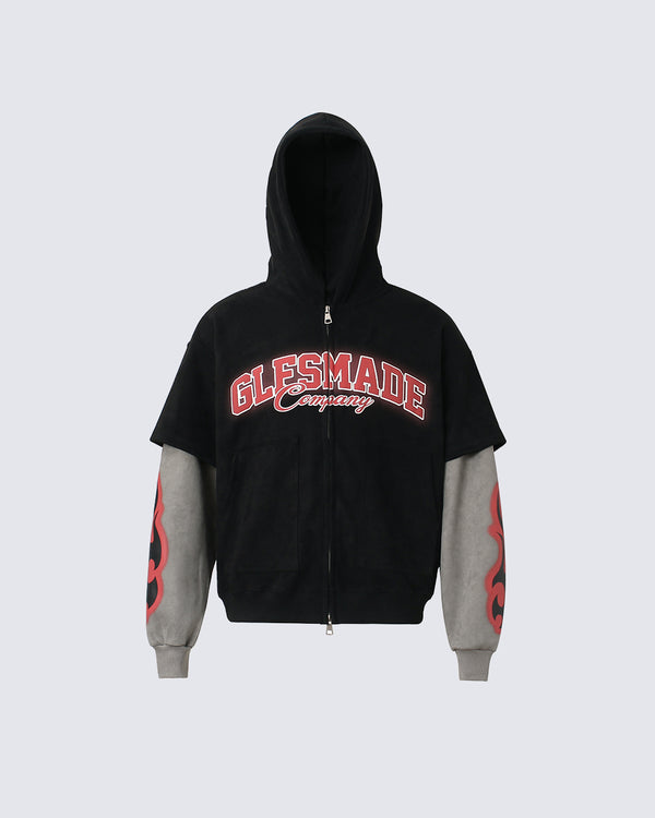 Flame Print Faux Two-Piece Hoodie Cardigan