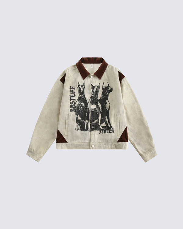 American Streetwear Vintage Washed Graffiti Print Jacket