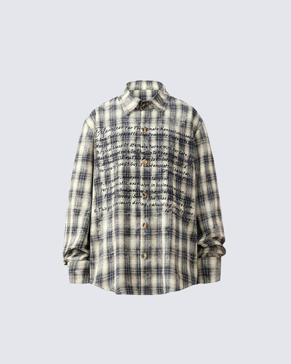 Plaid Button-Up Shirt with Text Print