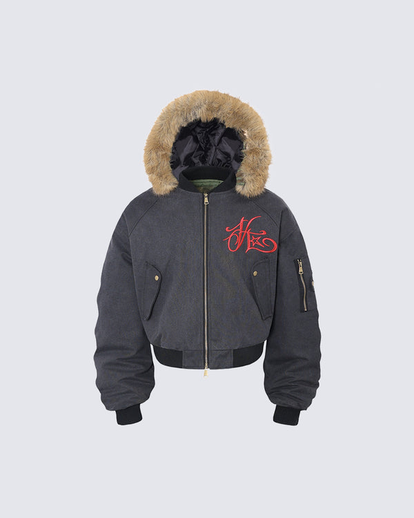 Letter Embroidery Detachable Hood Padded Jacket