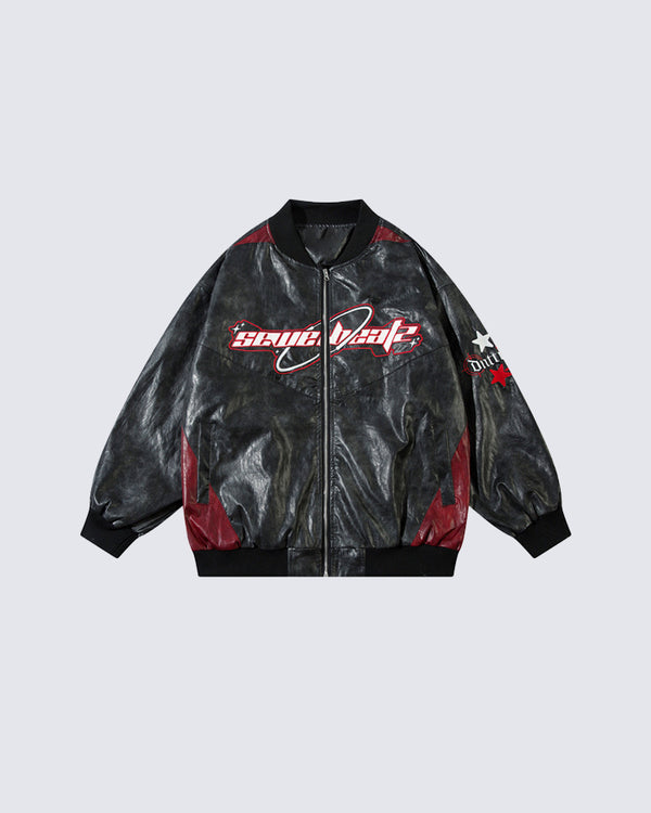 Retro Letter Patch Motorcycle Leather Jacket