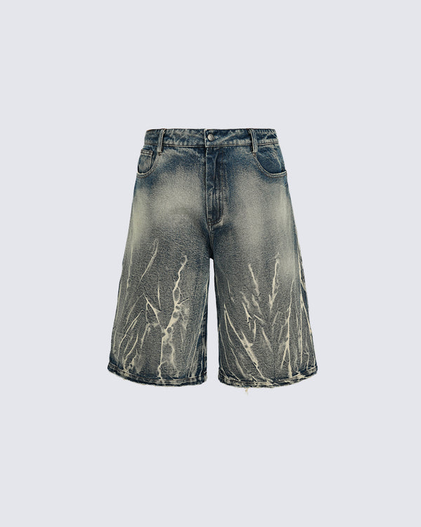 Vintage Washed Denim Shorts with Lightning Pattern