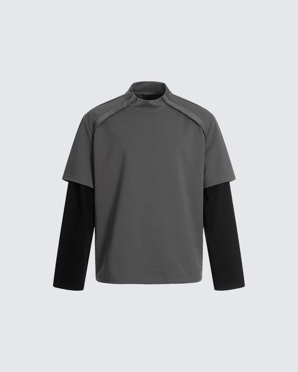 Structured Colorblock Mock Neck Long Sleeve Tee
