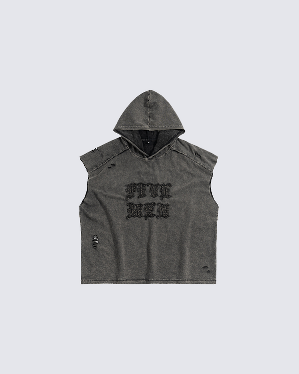 Distressed Hooded Sleeveless T-shirt with Embroidered Lettering