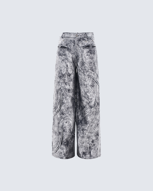 Grey Abstract Print Wide-Leg Denim Pants