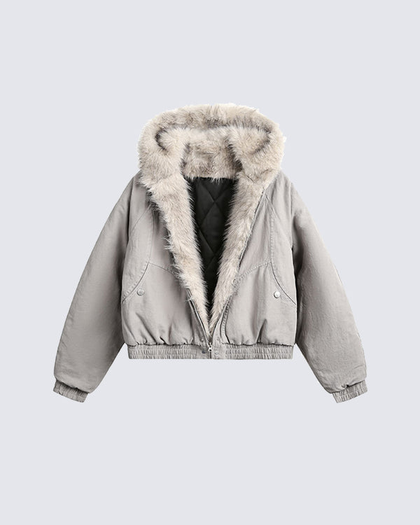 Structured Faux Fur Collar Padded Hooded Jacket