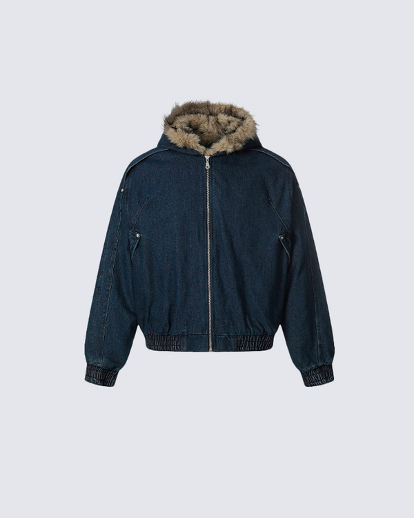 Hooded Denim Bomber Jacket with Faux Fur Collar