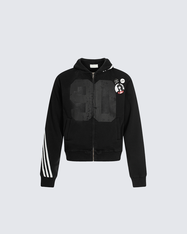90s Graphic Hoodie with Zipper and Stripes