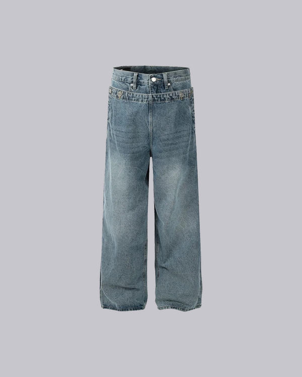 Double Waistband Loose Washed Denim Jeans