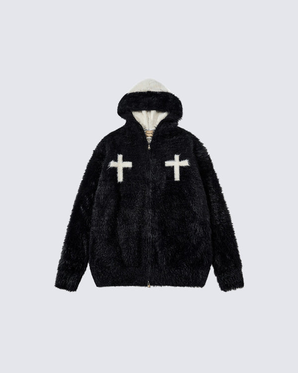 Cross Flower Fleece Lined Hoodie Sweatshirt