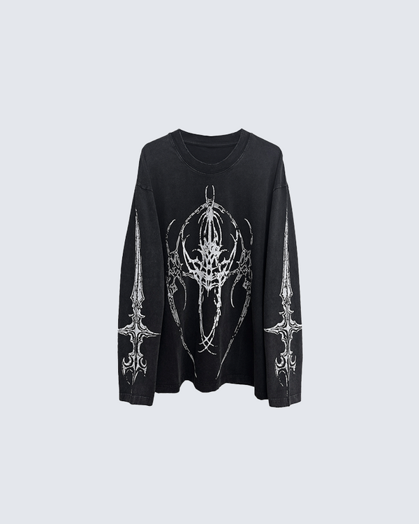 Washed Gothic Cross Print Long Sleeve T-Shirt