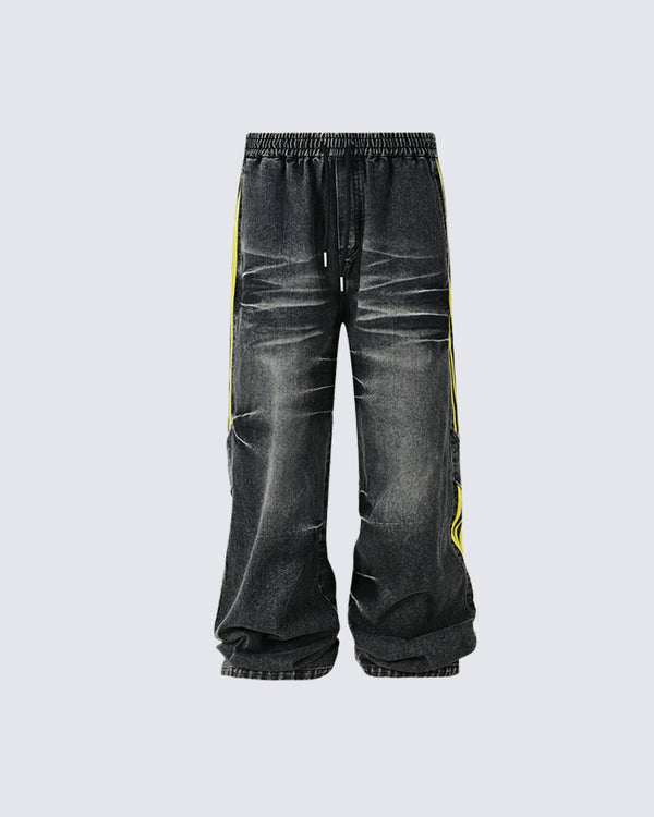 Black Denim Jogger Pants with Yellow Stripes