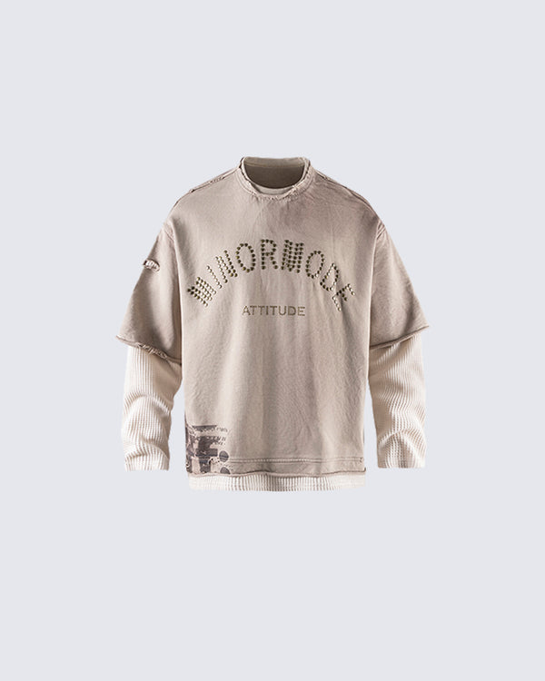 Layered Sleeve Studded Graphic Sweatshirt