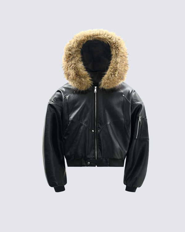 Faux Fur Hooded PU Leather Bomber Jacket