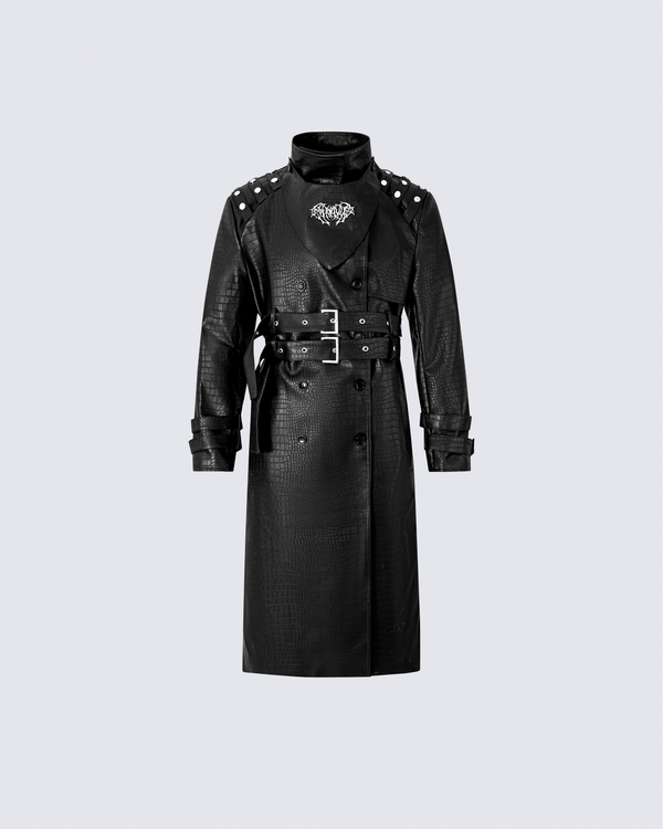 Croc-Texture Double-Breasted Leather Trench Coat