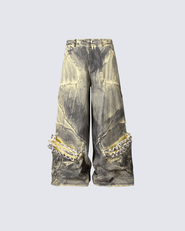 Washed Wide-Leg Cargo Pants with Rope Stitch Details