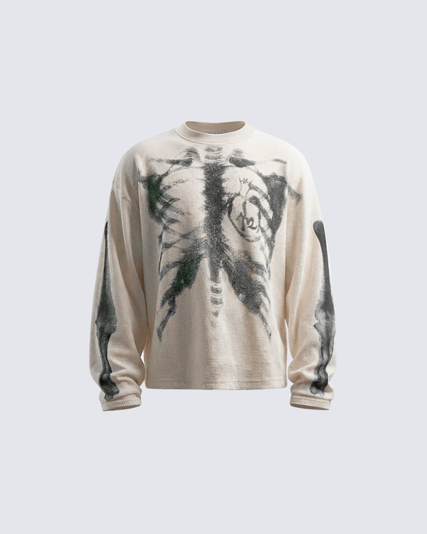 Skull Print Waffle Long Sleeve T-Shirt