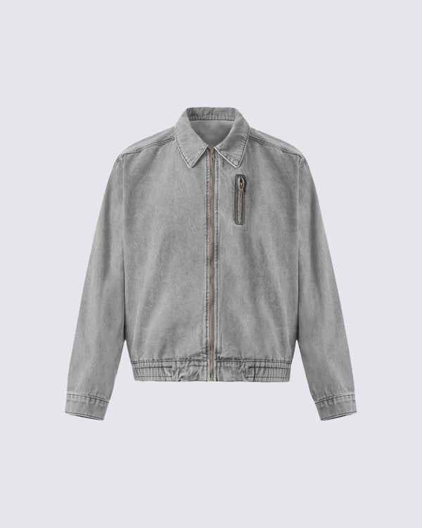 Gray Vintage Style Zip-Up Jacket