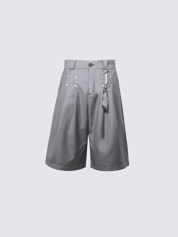 Pearl Pendant Pleated Wide-Leg Shorts