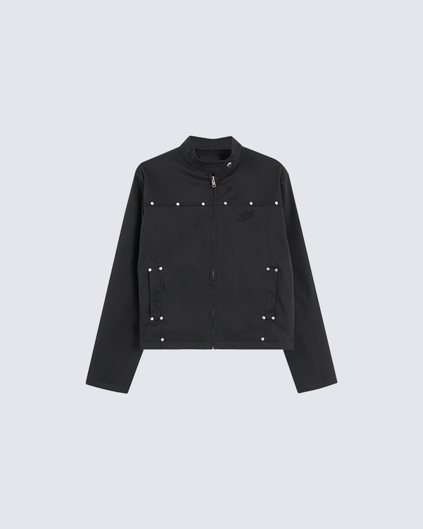 Minimal Rivet Zip-Up Stand Collar Jacket