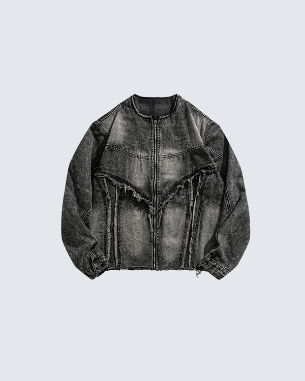 Distressed Black Denim Jacket with Raw Edges