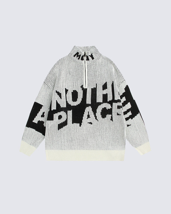 Letter Patchwork High-Neck Knit Sweater