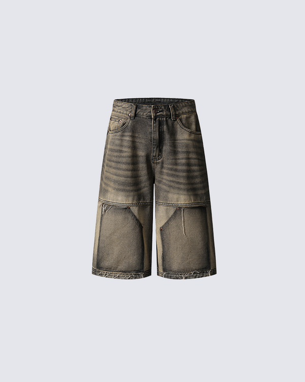 Vintage Whisker-Washed Patchwork Denim Shorts