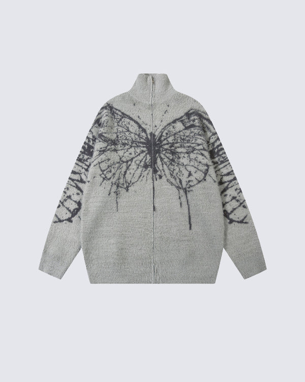 Butterfly Jacquard Zipper High-Collar Knit Jacket