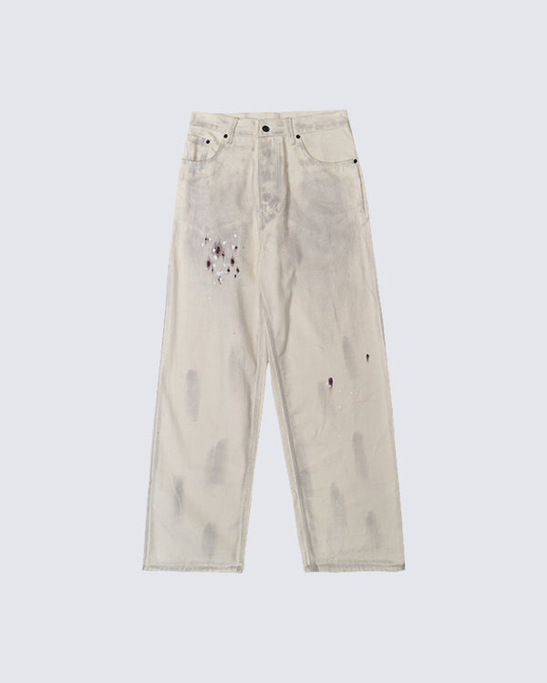 Distressed Paint-Splatter Wide-Leg Jeans