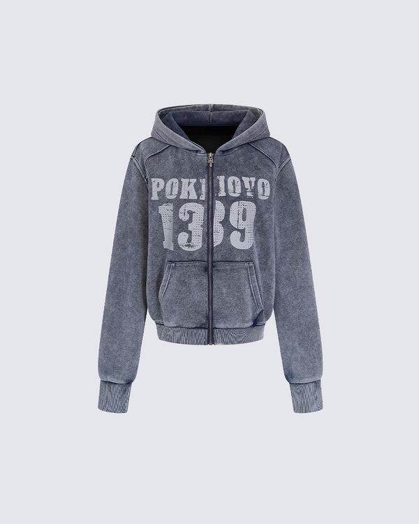 American Street Distressed Print Zip-Up Hoodie
