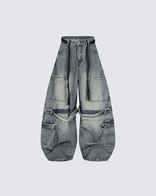 High-Street American Washed Distressed Machete Denim Cargo Pants