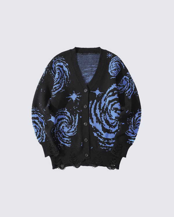 Galaxy Distressed Knit Cardigan Star Pattern Sweater