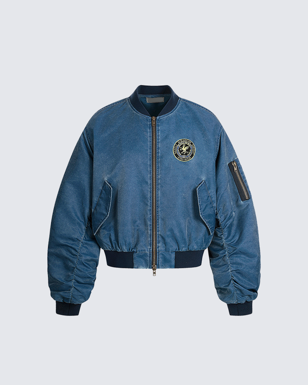 Embroidered Patch Bomber Cotton Blend Jacket