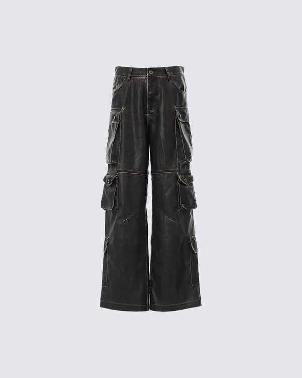 Vintage Cargo Wide-Leg Leather Pants with Multiple Pockets