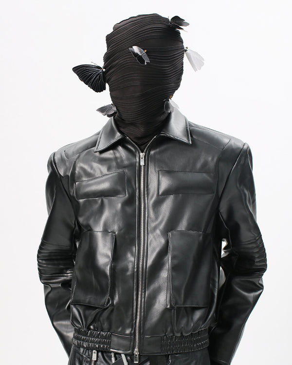 High-Neck Zip-Up PU Leather Jacket