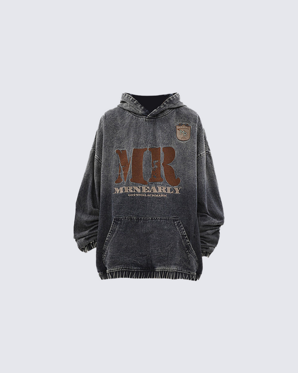 Vintage Wash Oversized Hoodie Sweatshirt with MR Letter Print