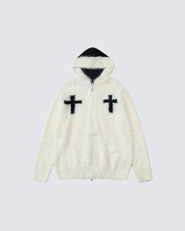Cross Flower Fleece Lined Hoodie Sweatshirt