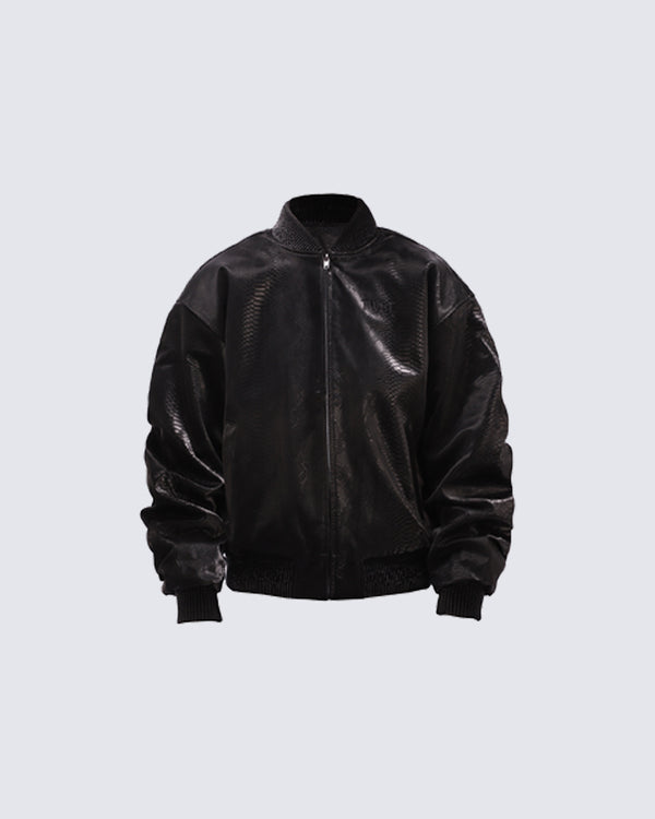 Snake-Skin Textured Padded PU Leather Jacket