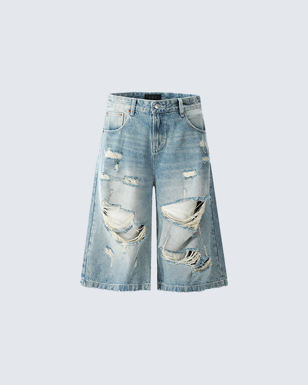 Destroyed Wide-Leg Denim Shorts