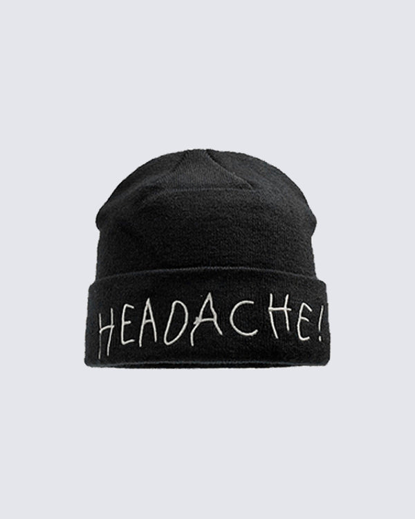 "HEADACHE" Embroidered Knit Beanie