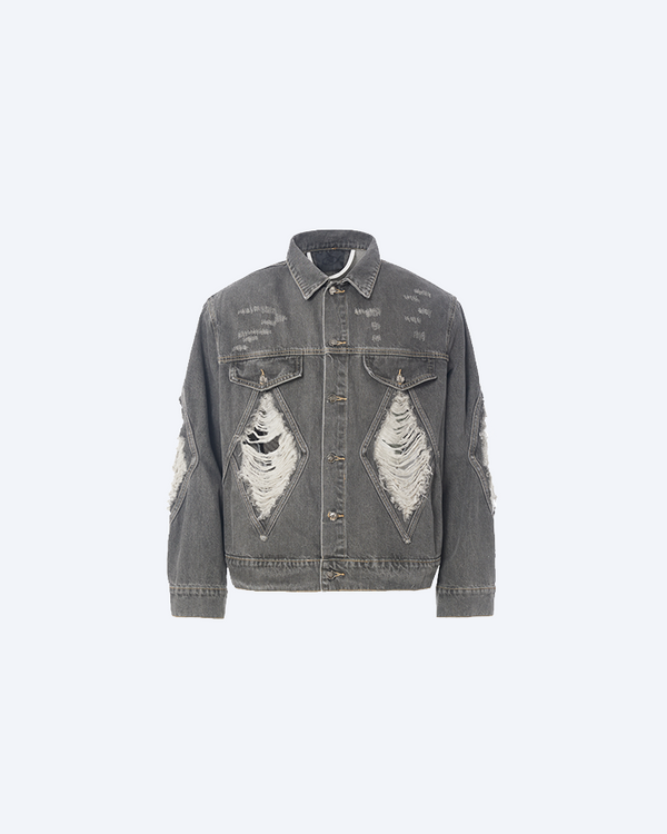 Distressed Panelled Denim Jacket – Washed Grey