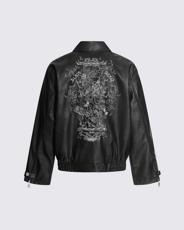 Heavy Embroidered Cropped Loose PU Leather Jacket