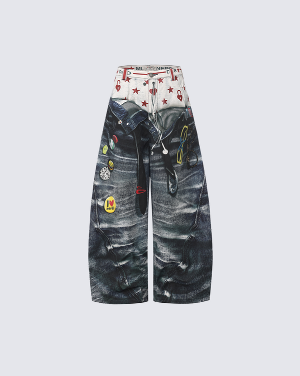 3D Illusion Denim Print Wide-Leg Pants